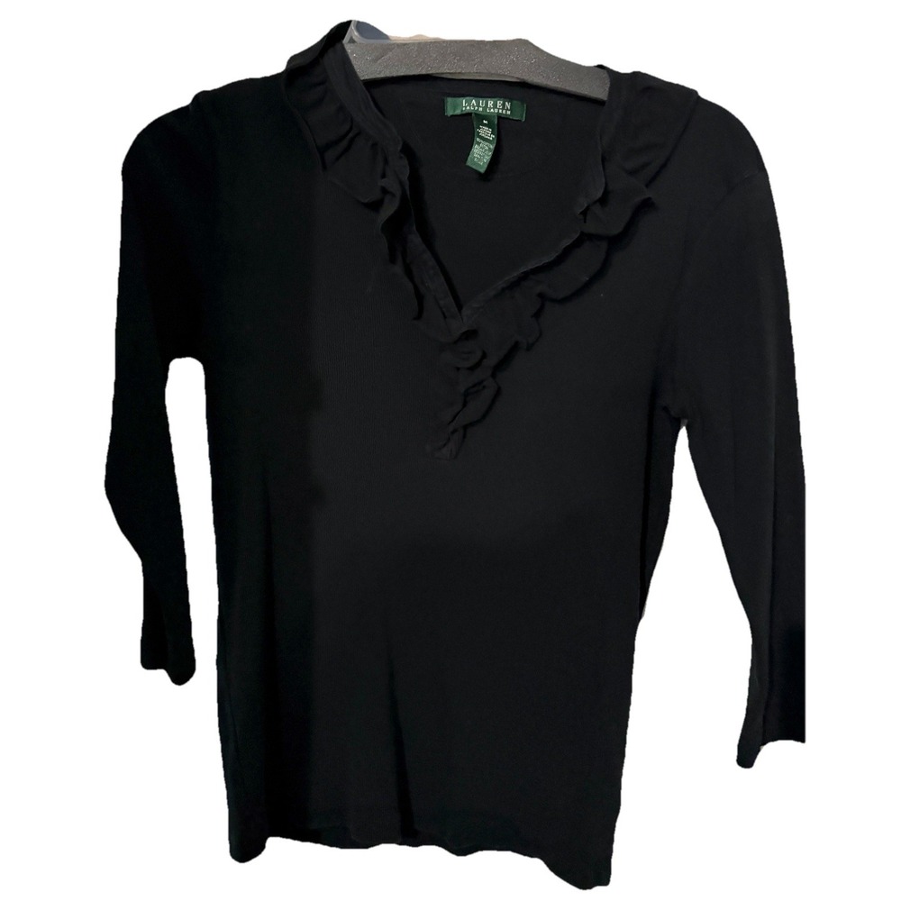 Lauren Ralph Lauren Womens M Top Black LS Ruffle Witchy Fairy Grunge Dk Romance